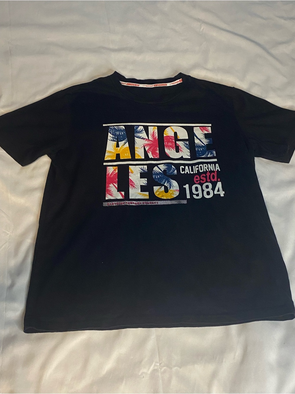Mens Black Graphic Print T-Shirt Angeles California Estd 1984 Crew Neck